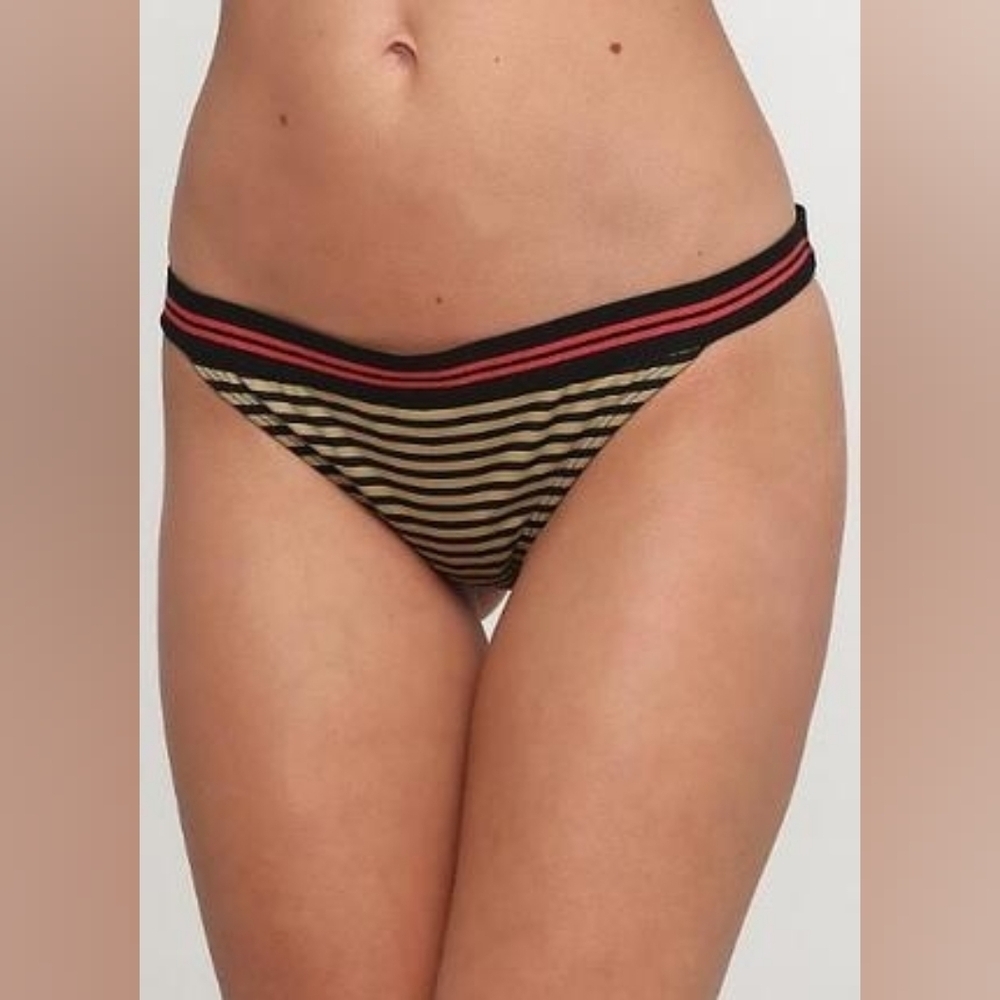 Maison Scotch Women Pull On Stripe Bikini Bottom, Black and Khaki